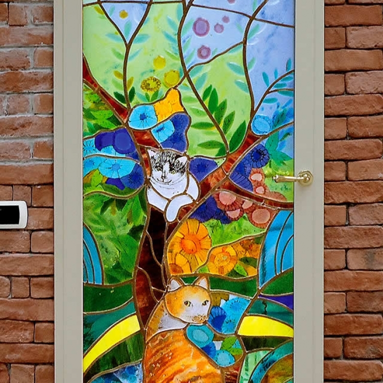 Gatti tra i Fiori Vetrata in vetrofusione legata a piombo Gatti tra i Fiori Vetrata in vetrofusione legata a piombo