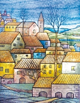 Village by the sea, painted on the plate