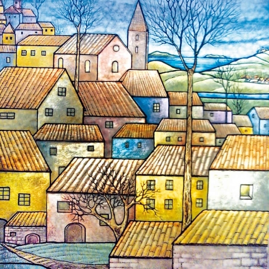 Village by the sea, painted on the plate